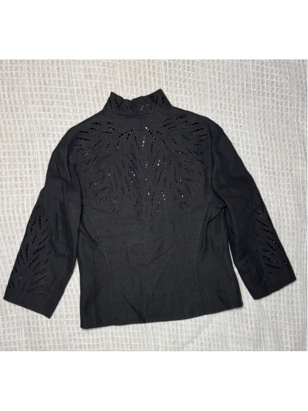 Vintage Carlisle 98% Linen Luxurious Black Embroidered Open Front Jacket SZ 2 - Picture 3 of 6